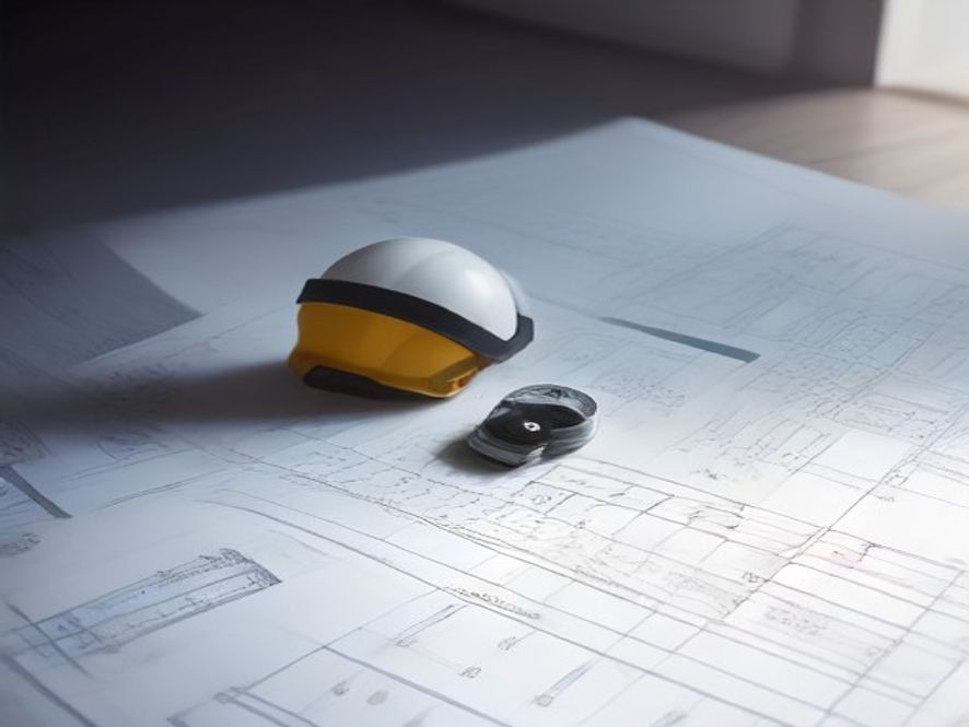 Plans d'exécution et casque de chantier sur une table